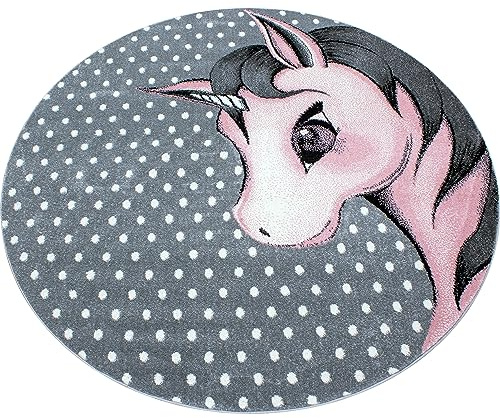 Stilvoll Günstig by ELMM Runder Kinderteppich Pink 160 cm rund – Einhorn-Design, 11 mm, Polypropylen, Juterücken, für Kinderzimmer & Spielzimmer