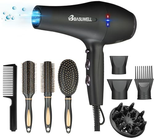 Föhn Ionen Fön Schnelles Trocknen Salon 2400W professioneller Haartrockner 2 Geschwindigkeit 3 Wärmeeinstellungen 2 Konzentrator 4 Kämmen 1 Diffusor Familie Salon Lockenföhn mit Kalttaste (Schwarz)