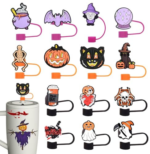Feliciay 14 Stück Halloween Strohhalm Abdeckung,Silikon Stanley Cup Strohhalm Abdeckung,Halloween Strohhalmabdeckungen,Niedliche Strohhülsen Stanley Cup Zubehör, Geeignet für Alle 10MM Strohhalme