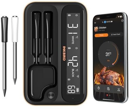 Inkbird INT-12-BW Fleischthermometer kabellos, Grillthermometer Bluetooth 5.4 and WIFI 5G & 2.4G, IP67 Wasserdicht Backofenthermometer Thermometer für Ofen, Grill, Smoker, Rotisserie Airfryer Ofen