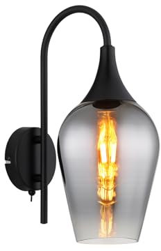 Wandleuchte Metall Schwarz mit Lampenschirm Rauchglas, Höhe 36cm