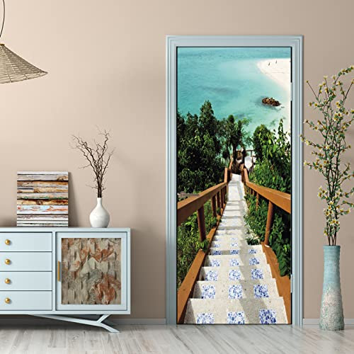 Sticker Porte Poster escalier bord de mer Papier Peint Effet trompe-l'œil Pour Salon Chambre Décoration De La Maison Stickers Muraux Imperméable Stickers Amovibles, Autocollant Porte(83 x 204cm)