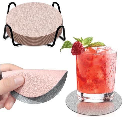 Untersetzer Gläser 12er Set,Doppelseitigen Untersetzer Gläser,mit Halter,Getränkeuntersetzer,Rund rutschfest Glasuntersetzer（Grau Rosa）