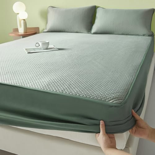 AMDXD 200x220cm Betttuch Protection, Spannbettlaken Gesteppt Einfarbig Grün Matratzenschutz, Polyester Spannbettuch Laken Unterbett als Schutz für Boxspringbett & Topper