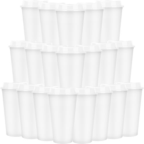 20 Pcs Reusable Coffee Cups with Lids 470 ml Plastic Tumblers Iced Coffee Cup Travel Mug for Adults and Women Kid Hot and Cold Drinks, Microwaveable (White)