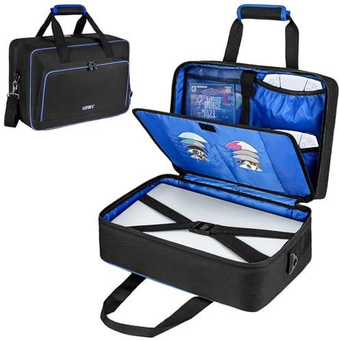 Carrying Case Compatible with PS5/PS5 Pro/PS4,17 Pockets Travel Storage Bag with Thick Padding Compatible with Playstation 5/PS5 Digital Edition,Controller,Game Discs,Charger & Accessories,Black-Blue