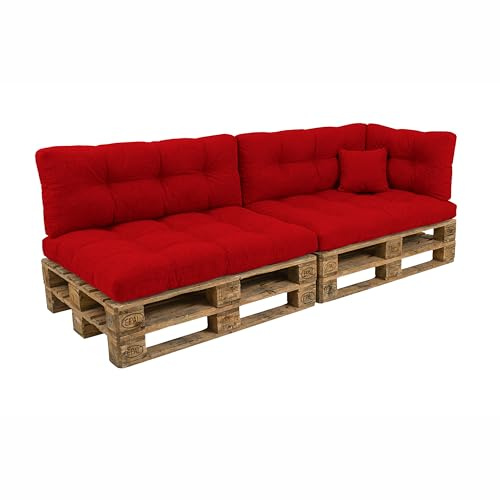 POKAR Set de 6 Coussins Matelassé pour Palettes Euro: 2X Assise 120x80cm + 2X Dossier 120x40cm + 1x Dossier 60x40cm + 1x Coussin 40x40cm, Canapé de Jardin, sans Palette, Rouge