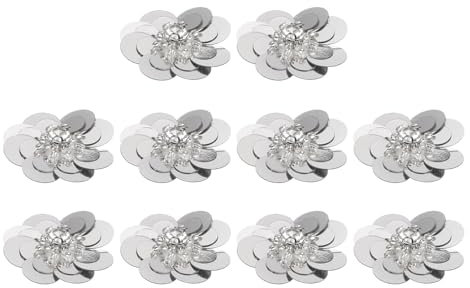 QUARKZMAN 10 Stück Pailletten Perlen Blumen Patches, 30mm Handgemachte Paillette Kristall Applikation Nähen Perlen Blumen Applikation für Kleid Taschen Stirnband Dekor, Silber