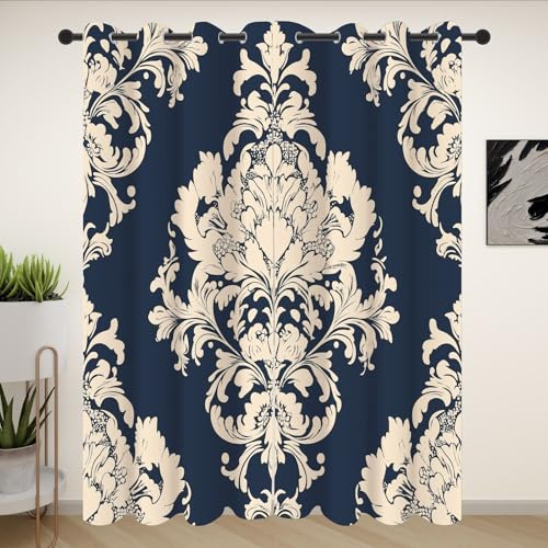 Schwarz Weiß Barock Vorhang mit Ösen 2er Set, Antike Damaskus Blumen | Gardinen Wohnzimmer 225x70 cm, Vintage Viktorianisch Verdunkelungsvorhänge Blickdicht Thermo Kälteschutz Curtains
