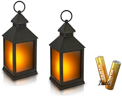 NECESITAS Farolillos LED para exterior e interior, juego de 2 unidades, incluye pilas, resistente al agua, efecto parpadeante, luz de tumba, decoración de balcón y jardín, luz de viento vintage, color