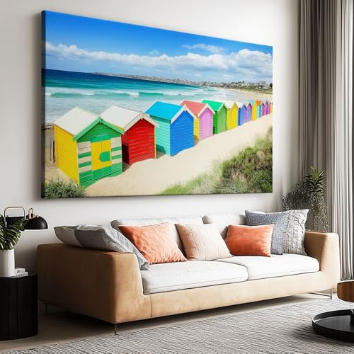 Leinwand-Wandkunst 120x80 cm Ungerahmt - Bunte Hütte am Strand Leinwandbild Kunstdruck Groß XXL für Wohnzimmer Schlafzimmer Wandbilder Canvas Design Dekoration