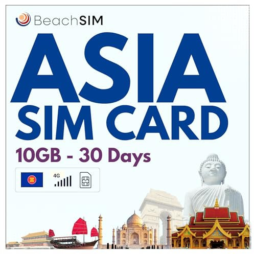 BeachSIM Asien SIM Karte 30 Tage. 10 GB mit 4G/5G-Netz. Thailand, Indonesien, Singapur, Malaysia, Hongkong + 6 weitere asiatische Länder. Einfaches Aufladen. Schnelle Aktivierung. Nur Daten.