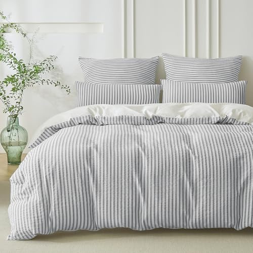 SOULFUL Bettwäsche 155x220 Baumwolle Gestreift Jacquard Oeko-TEX Hellgrau | Gewaschene Baumwolle Boho Bettwäsche-Sets mit Reißverschluss Atmungsaktiv Enthält 1 Bettbezug 155x220 und 1 Kissenbezug 80x80