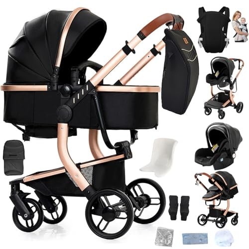 3 in 1 Reisesystem Kinderwagen mit bidirektionaler Schubfunktion, Multifunktional, Hochansicht, für Babys 0-3 Jahre, mit Schlafkorb und Autositz (X518-BLACK)