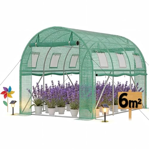 QEENTOE 3x2m Foliengewächshaus Gartengewächshäuser aus verzinktem Stahl PE Gewächshaus mit Aufrollbare Fenster Tomatenhaus Winterfest Folientunnel Pflanzenzelt Folien Treibhaus inkl. Erdanker