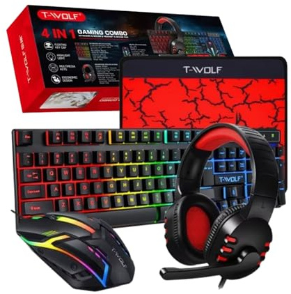 LITTLE CLASSIC 4-in-1 Gaming Combo - RGB Backlit Gaming Keyboard, Noise Cancelling Headset, High-Precision Optical Mouse & Non-Slip Mouse Pad Bundle - Compatible with PC, PS5, Xbox, Switch
