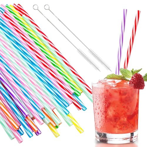 60 Pcs Reusable Plastic Straw, Drinking Straws with Cleaning Brush | for Smoothies Juice Cocktail Drinks in Wedding Birthday Party(7x230mm), with 2 Stainless Steel Cleaning Brushes