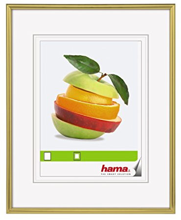 Hama Bilderrahmen Sevilla 9 x 13 cm (mit Passepartout 5 x 7 cm, hochwertiges Glas, Kunststoff Rahmen, zum Aufhängen und Aufstellen) gold