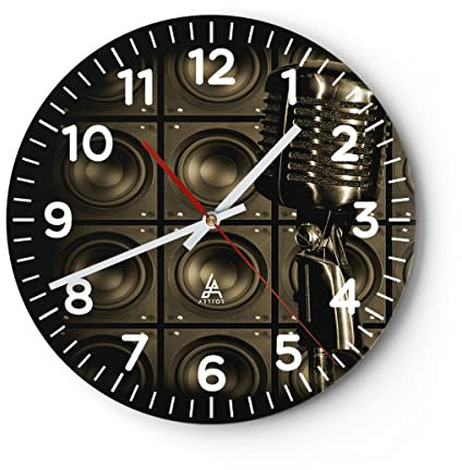 Modern Wanduhr Mikrofon Retro Singen 40x40cm Rund Groß Wand Uhr Glas Analog Zimmeruhren Küche Büro Wohnzimmer Glasuhr Wall Clock Dekoration Design Wanddekoration Küchenuhr C4AR40x40-0306
