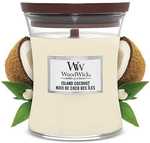 WoodWick mittelgroße Duftkerze im Sanduhrglas mit knisterndem Docht | Island Coconut | Brenndauer bis zu 60 Stunden