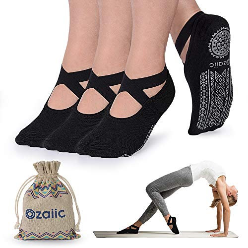 Ozaiic Yoga Socken rutschfeste für Damen für Pilates, Barre, Ballett, Tanz (EUR 35-41, 3 Paar - Schwarz)
