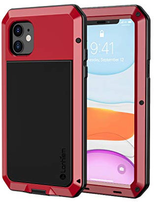 Lanhiem for iPhone 11 Case, Heavy Duty Shockproof Tough Armour Metal Case with [Tempered Glass Screen Film], 360 Full Body Protective Case Cover for iPhone 11 -Red