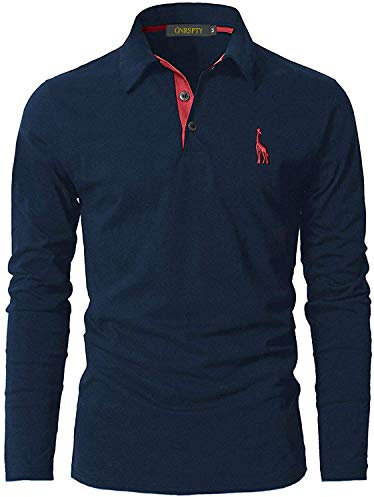 GNRSPTY Mens Polo Long Sleeve Shirt Cotton Golf Giraffe Tops (M, Navy+Red)