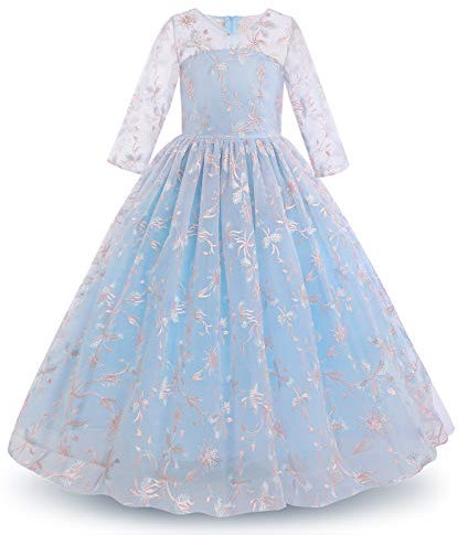 IWEMEK Flower Girls 3/4 Sleeve Embroidered Floral Tulle Maxi Long Bridesmaid First Communion Dress Kids Princess Birthday Wedding Party Formal Pageant Prom Dance Ball Gown Light Blue 3-4 Years