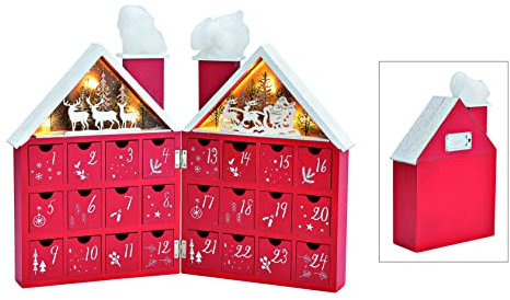 foolonli Adventskalender Haus ungefüllt mit LED aus Holz Weihnachten Rot mit Santa und Rentiere