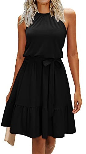 Newshows Sommerkleid Damen Knielang Elegant Kleid Neckholder Sommer Ärmellos Freizeitkleider mit Taschen(Schwarz, M)