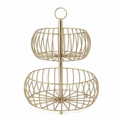 Red Fern 2 Tier Fruit Basket for Kitchen Countertop, Gold Metal Wire Vegetable Holder, Snack & Pantry Storage Organiser Stainless steel basket (Gold Brass)