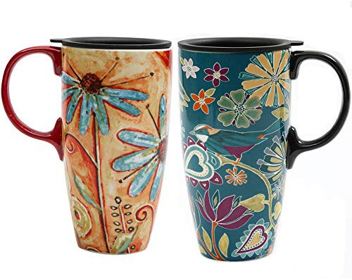 Topadorn Ceramic Mug Tall Coffee Cup with Lid Latte Mug with Handle for Home and Office 17oz. Set of 2