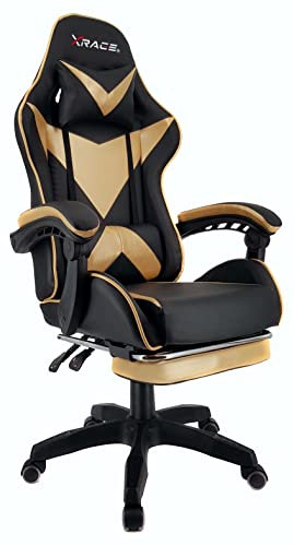 xRace Gaming Stuhl, Bürostuhl, Ergonomischer Pc Stuhl, Gaming Sessel aus Leder mit Lendenwirbelstütze, Verstellbarer Drehbarer, Task Stühle mit Fußstütze und Kopfstütze, Gold
