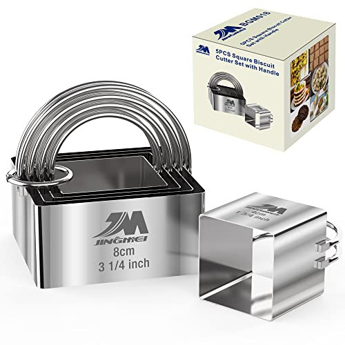 M JINGMEI Quadratisches Ausstechformen-Set, 4,4 cm, 5,1 cm, 5,7 cm, 7 cm, 8,3 cm, Edelstahl-Ausstechform mit Griff, professionelle Back-Teig-Werkzeuge, 5-teiliges Geschenkpaket