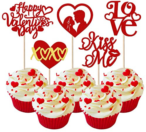 30 Stück Happy Valentine's Day Cupcake Toppers Sweet Love You XOXO Kiss Me Muffin Dekoration Heart Cupcake Dekorationen für Galentine's Day Thema Hochzeit Geburtstag Party Kuchen Dekorationen Rot