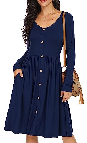 GRECERELLE Womens Long Sleeve Casual Plain Swing Dresses Button Down A-Line Midi Short T-Shirt Dress with Pockets (Navy Blue, XL)