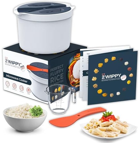 Zwippy Microwave Rice Cooker Steamer and Pasta Cooker with Strainer - Mess-Free Design, Dishwasher Safe, Cooks Up to 8 Cups