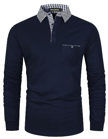 VHUQGVU Mens Long Sleeve Polo Classic Plaid Patchwork 100% Cotton Slim Fit Premium Shirt with Functional Pocket,Blue,XXL