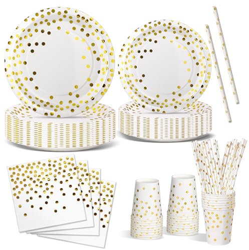 Nkaiso Anniversaire Vaisselle de fete 120 Pièces Blanc Or Party Assiette Anniversaire Set Comprendre Assiette Jetables Papier Tasses Serviettesr pour Party Decoration Baby Shower -24 Invités