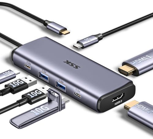 SSK Powered USB Hub 3.2 𝟭𝟬𝗚𝗕𝗣𝗦 7 Port USB C Adapter mit Dual 𝟰𝗞 HDMI,2 USB A&2 USB C 3.2 Gen 2 Data Ports Hub,100W PD Charging USB Hub für iPad,MacBook Pro/Air,Flash Drive,iPhone 15,Laptops