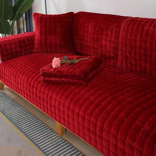 FEEGAR Samt Sofabezug 1 2 3 4 Sitzer, Sofaschoner Antirutsch L Form Sofaüberwurf rutschfest, Weicher Sofa überzug Ecksofa Hundedecke Sofa Couch überzug, Sofa überwurf,Rot,70x180cm