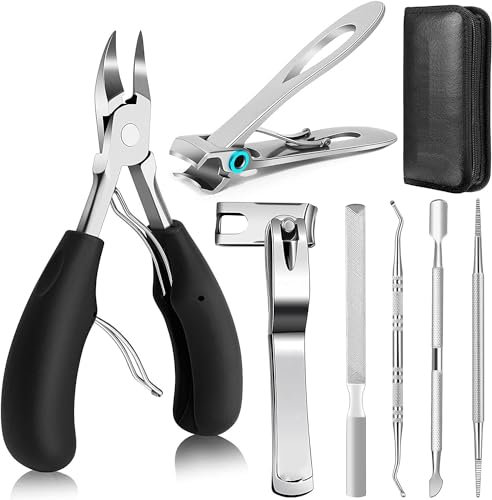 INF 7-in-1-Set für eingewachsene dicke Zehennägel aus Edelstahl mit schwarzer Ledertasche, Nagelzange Set für Starke/Eingewachsene Fußnägel, Edelstahl Maniküre Set
