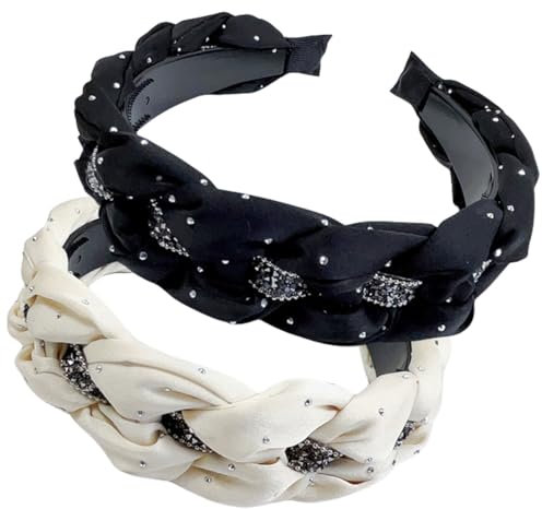 scicent Haarschmuck Hochzeit 2 Stück Haarreifen Damen Handgemachte Geflochten Haarreif für Mädchen Vintage Breit Haarband Modisches Stirnbänder Rutschfest Kopfband (Beige+Schwarz) - 15716