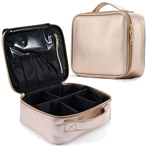 Joligrace Makeup Bag Cosmetic Case Vanity Travel Beauty Box Make Up Train Case Hairdressing Tools Organiser with Adjustable Compartment, Rose Gold