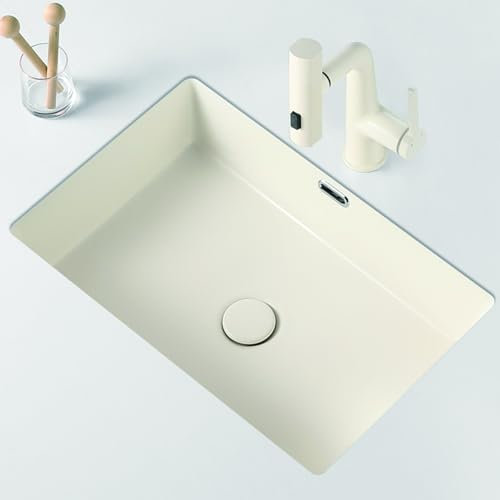 Rectángulo beige Fregadero cocina，Con desbordamiento pila lavadero，fregadero bajo encimera empotrable de cerámica， de gran capacidad, adecuado para cocina, restaurante, lavandería, bar.(465x330x180mm)