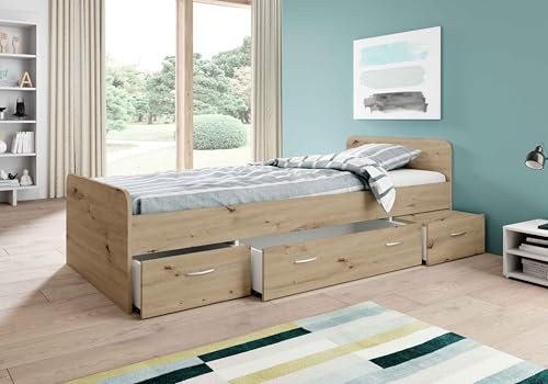 AVANTI TRENDSTORE - Siris - Letto singolo con 3 cassetti in legno laminato di colore quercia Artisan. Dimensioni ca. LAP 204x65x95cm