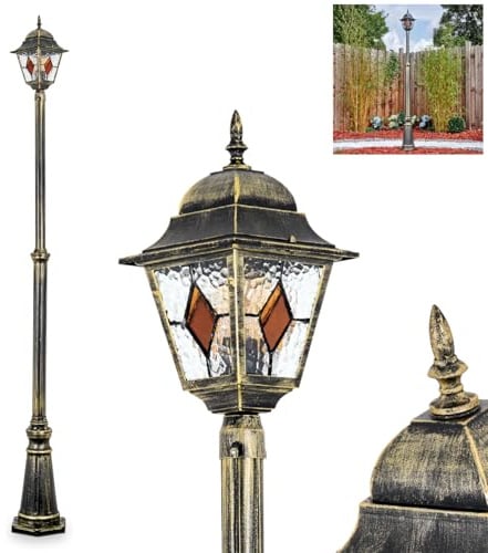 HOFSTEIN Kandelaber Chatelain, Außenwegeleuchte aus Metall/Glas in Schwarz/Gold/Klar/Bernstein, verstellbare Wegeleuchte im Vintage/Antik/Landhaus-Design für Garten, Außenbereich, 225 cm, E27, IP44