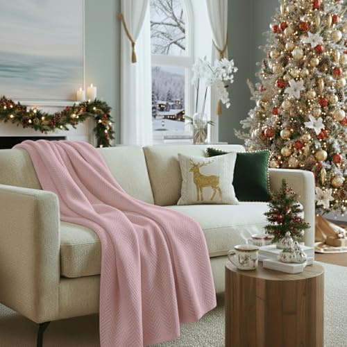 Cloud Scape - Coperta in cotone a spina di pesce, per divano, letto, divano, decorazione per la casa, morbida, leggera, per tutte le stagioni, 127 x 178 cm, colore: rosa conchiglia