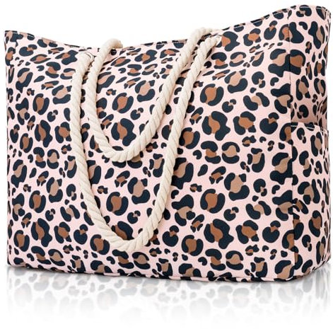 Large Beach Bag for Women with Zip,Waterproof Summer Beach Tote Bags with Pockets,Holiday Essentials Family Travel Bag for Women,Canvas Shopping Bag Personalised Overnight Shoulder Bag for Pool Gym