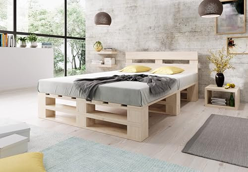 Lermowood Palettenbett M2 aus Holz 180 x 200 cm Natur mit Kopfteil Holzbett 30cm Stabiles Seniorenbett Kinderbett Jugendbett Gästebett erhöhtes Einzelbett Bettgestell Futonbett Komforthöhe Naturholz